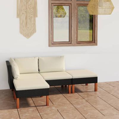 4-delige Loungeset met kussens poly rattan zwart