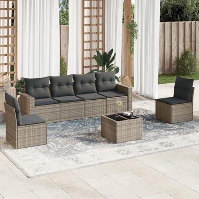 7-delige Loungeset met kussens poly rattan grijs - thumbnail