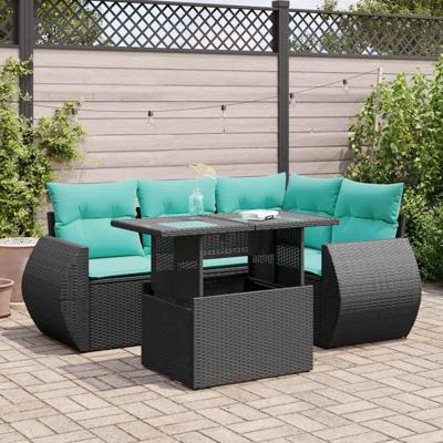 5-delige Loungeset met kussens poly rattan acacia zwart