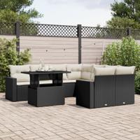 9-delige Loungeset met kussens poly rattan zwart - thumbnail
