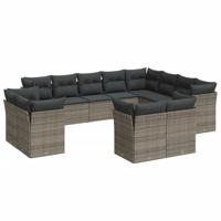 12-delige Loungeset met kussens poly rattan grijs - thumbnail