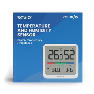 SAVIO Draadloos weerstation, temperatuur- en vochtigheidssensor, voor gebruik binnenshuis, LCD-scherm, klok, datum, handgreep met magneet, CT-01/W Wit SAVIO Draadloos weerstation, temperatuur- en vochtigheidssensor, voor gebruik binnenshuis, LCD-scherm, klok, datum, handgreep met magneet, CT-01/W Wit