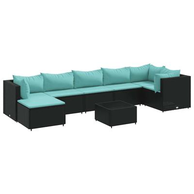 8-delige Loungeset met kussens poly rattan zwart