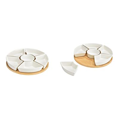 Snackschaaltjes van keramiek met bamboeplaat (draaibaar), 7-delige set, wit/naturel (B/H/D) 9x3x9cm/29x2x29cm