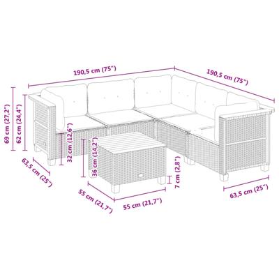 6-delige Loungeset met kussens poly rattan zwart