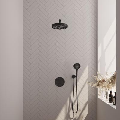Brauer Stripe thermostatische inbouw regendouche 3-weg rond SET 40 met 25 cm douchekop en rechte muurarm en 3-standen handdouche en doucheslang en wandaansluitbocht mat zwart