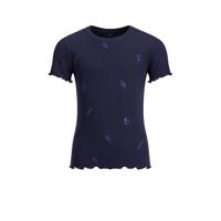 WE Fashion ribgebreid T-shirt met all over print en borduursels donkerblauw/blauw - thumbnail
