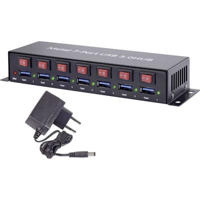 Renkforce RF-3269622 USB 3.2 Gen 1-hub 7 poorten Met metalen behuizing, Individueel schakelbaar, Voor wandmontage Zwart