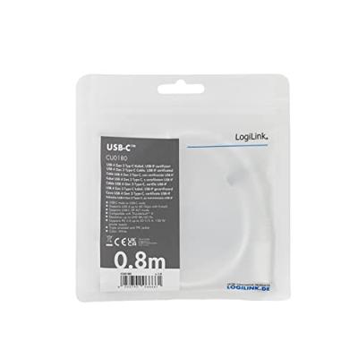 LogiLink CU0180 - USB 4 Gen 3 Type-C kabel (IF-gecertificeerd) met E-mark-chipset, PD (Power Delivery tot 20V, 5A, 100W), AV tot UHD 8K/60Hz (7680x4320), wit, 0,8m