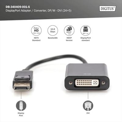 Digitus DB-340409-001-S DVI / DisplayPort Adapter [1x DisplayPort stekker - 1x DVI-bus 24+5-polig] Zwart Rond, Afgeschermd (dubbel), Afsluitbaar 15.00 cm