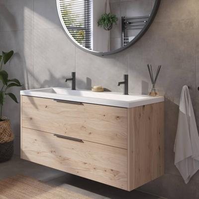 Saqu Lima badmeubel incl. mat witte wastafel met 2 kraangaten 120x52x64cm naturel eiken - mat zwarte greep