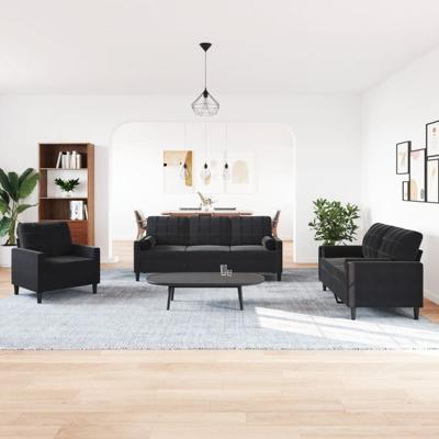 3-delige Loungeset met kussens fluweel zwart - thumbnail
