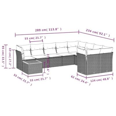 10-delige Loungeset met kussens poly rattan grijs