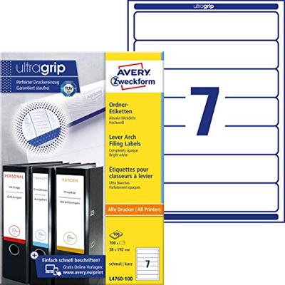 Avery-Zweckform L4760-100 Ordneretiketten 38 x 192 mm Papier Wit 700 stuk(s) Permanent hechtend Laser (kleur), Laser (zwart/wit), Kopiëren (kleur), Kopiëren