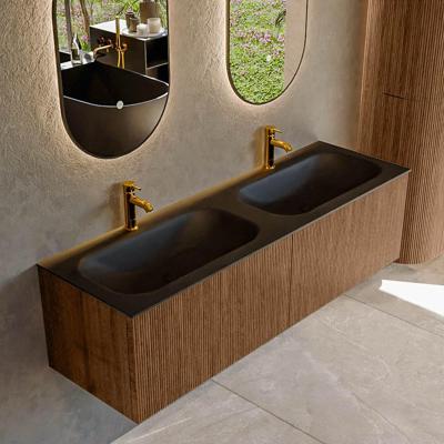 Mondiaz KURVE 150 cm Onderkast Greeploos 2 Lades Zonder Deuren Walnut, Wastafel Solid Surface Dubbel Urban 2 Kraangaten Zonder Spiegel (KRVBGS1502L0D2KD-Wal/Urb)