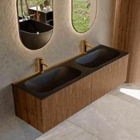 Mondiaz KURVE 150 cm Onderkast Greeploos 2 Lades Zonder Deuren Walnut, Wastafel Solid Surface Dubbel Urban 2 Kraangaten Zonder Spiegel (KRVBGS1502L0D2KD-Wal/Urb) - thumbnail