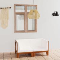 Tweezitsbank met crèmewitte kussens massief acaciahout - thumbnail