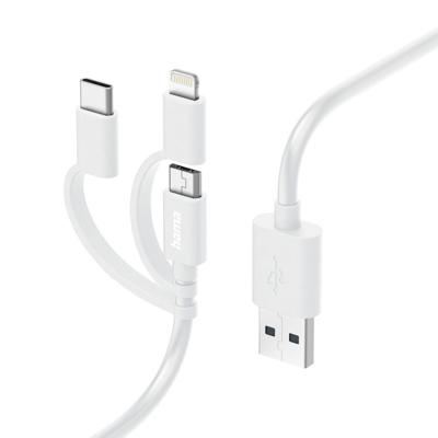Hama Laad/synchrokabel 3 in 1 met micro USB/USB type-C/lightning 1m Oplader Wit