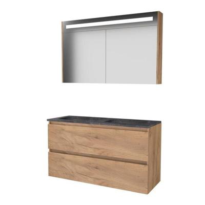 Basic-Line Premium 46 Badkamermeubelset - 120 x 46 cm - Greeploos - 2 Lades - Hardstenen Wastafel - Zonder Kraangat - Spiegelkast met LED Verlichting - Whisky Oak