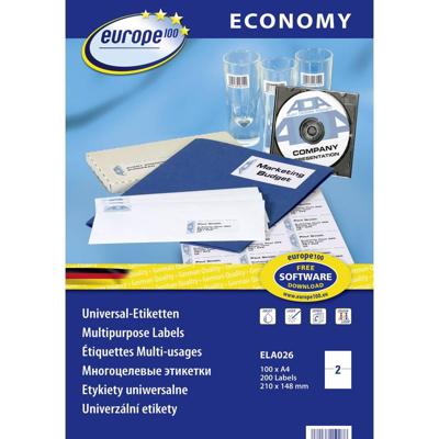 Europe 100 ELA026 Universele etiketten 210 x 148.5 mm Papier Wit 200 stuk(s) Permanent hechtend Inkjet, Laser (zwart/wit), Laser (kleur), Kopiëren (zwart/wit),