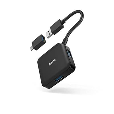 Hama USB-hub, 4-poorts, USB 3.2 Gen1, 5 Gbit/s, incl. USB-C-adapter USB Hub Zwart
