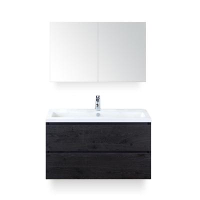 Vogue Badmeubelset 100 cm - Greeplijst in kleur - Black Oak - Keramische Wastafel Wit 1 kraangat - met Spiegelkast