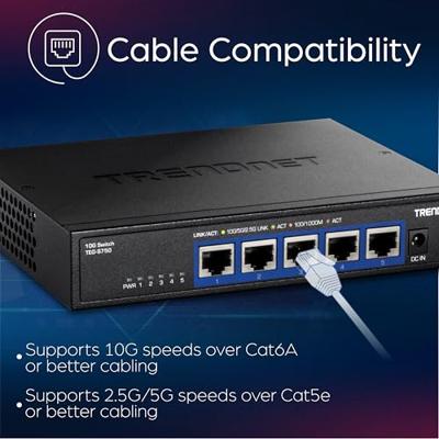 TRENDnet 5-poorts 10G-schakelaar, 5 x 10G RJ-45-poorten, 100 Gbps schakelcapaciteit, ondersteunt 2.5G- en 5G-BASE-T-verbindingen, levenslange bescherming, zwart, TEG-S750