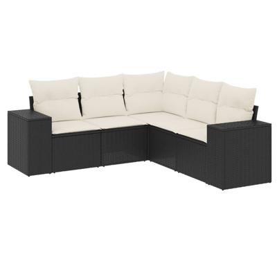 5-delige Loungeset met kussens poly rattan zwart