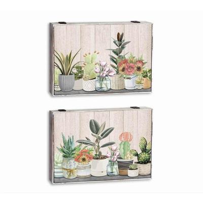Decoratieve Doos DKD Home Decor Groen Beige Hout MDF Bloempot Planten Teller (2 Stuks)