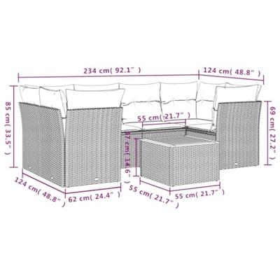 7-delige Loungeset met kussens poly rattan beige