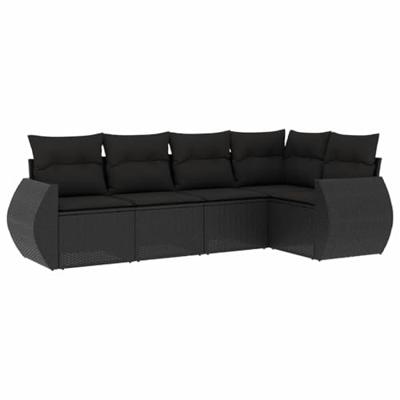 5-delige Loungeset met kussens poly rattan zwart