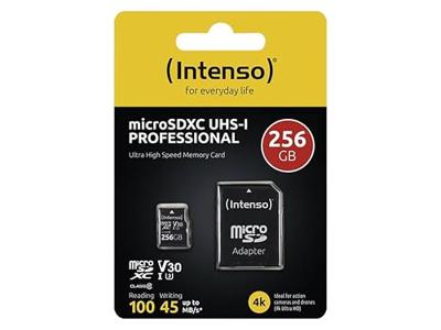 Intenso Professional miniSDXC-kaart Retail 256 GB Class 10, UHS-I U3, v30 Video Speed Class Watervast, Temperatuurbestendig