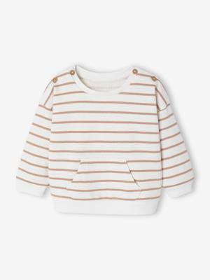 Sweater geboorte in gestreepte fleece met opening bij de schouders ecru Sweater geboorte in gestreepte fleece met opening bij de schouders ecru