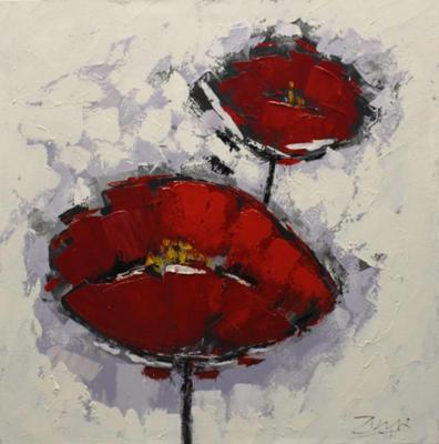 Schilderij -Handgeschilderd - Klaprozen - rood wit - 100x100cm