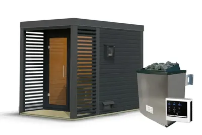 Karibu | Ares 2 Buitensauna | Antraciet-Antraciet | Kachel 9 kW Externe Bediening