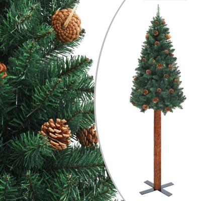 Kerstboom met echt hout en dennenappels smal 150 cm PVC groen