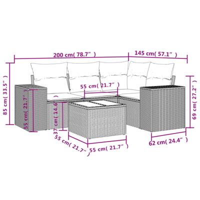 5-delige Loungeset met kussens poly rattan bruin