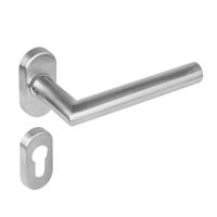 Deurkruk 1235 Hoek 90°op rozet ovaal staal dubbel geveerd met profielcilinder plaatjes RVS - thumbnail