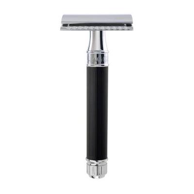 Edwin Jagger Razors Double Edge Safety Lined Rubber Coated Handle Ebony Chrome Ref.DE86RC14BL 1Stuks