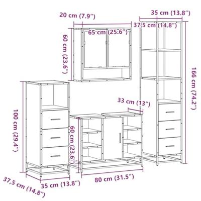 4-delige Badkamermeubelset bewerkt hout grijs sonoma eikenkleur