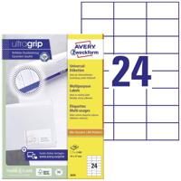 Avery Zweckform 3474, Universele etiketten, Ultragrip, wit, 100 vel, 24 per vel, 70 x 37 mm - thumbnail
