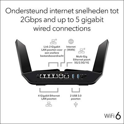 AX6000 NETGEAR Nighthawk RAX120 Wi-Fi 6 router (12 stream AX12, tot 6 Gbps, dekking voor grote woningen en woningen tot 200 m², 4 x 1G en 1 x 2,5/5G LAN, 2 x USB 3.0, WPA3, voor iPhone 11 en S20)