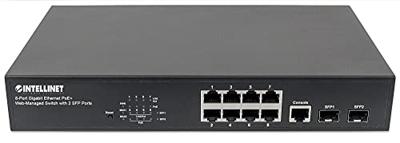 Intellinet 8-Port Gigabit Ethernet PoE+ Web-Managed Switch met 2 SFP-poorten, IEEE 802.3ataf Power Over Ethernet PoE+PoE Compliant, 140 561167, Zwart