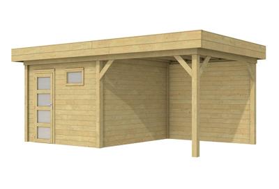 Woodvision Tapuit blokhut 300x300 cm + overkapping 300 cm vuren groen geïmpregneerd- Plat dak- Geïmpregneerd vurenhout- Woodvision