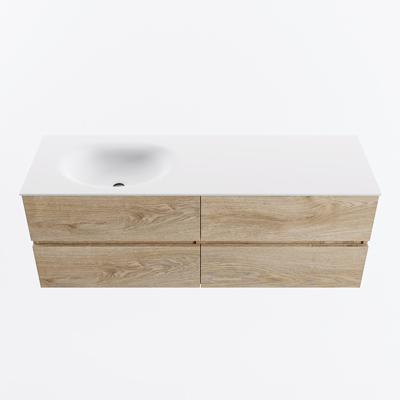 MONDIAZ VICA 140cm badmeubel onderkast Washed Oak 4 lades. Wastafel MOON links zonder kraangat, kleur Talc.