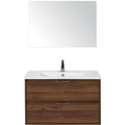 Porto Badmeubelset 90 cm - Walnoot - Keramische Wastafel Wit Slim met Spiegel