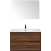 Porto Badmeubelset 90 cm - Walnoot - Keramische Wastafel Wit Slim met Spiegel - thumbnail