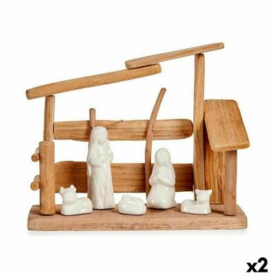Kerststal set Wit Natuurlijk Hout Keramisch 10 x 21 x 25 cm (2 Stuks)