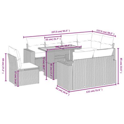 9-delige Loungeset met kussens poly rattan zwart