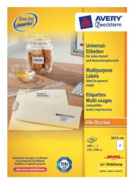 Avery-Zweckform 3655-200 Universele etiketten 210 x 148 mm Papier Wit 440 stuk(s) Permanent hechtend Inkjet, Laser (zwart/wit), Kopiëren (zwart/wit)